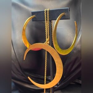 RARE-RLM Studio Hammered Brass Moon Pendant 18" Necklace & Matching Earrings Set
